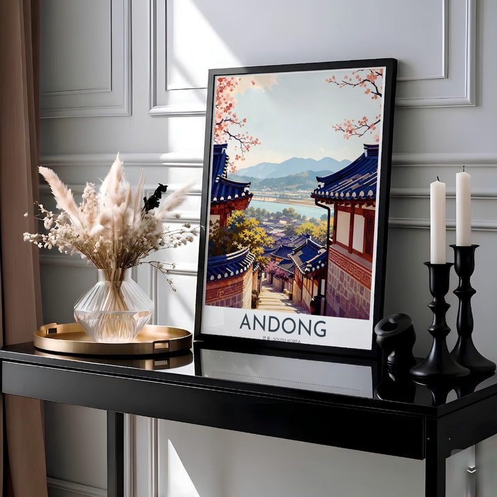 Elegant vector illustration of Andong, South Korea, showcasing traditional curved tiled roofs, stone pathways, and a calm river bend flowing past Hahoe Folk Village. Offered by MapYourDreams, this artwork is available in flexible options including unframed paper, custom wooden frames, and gallery canvas wraps.