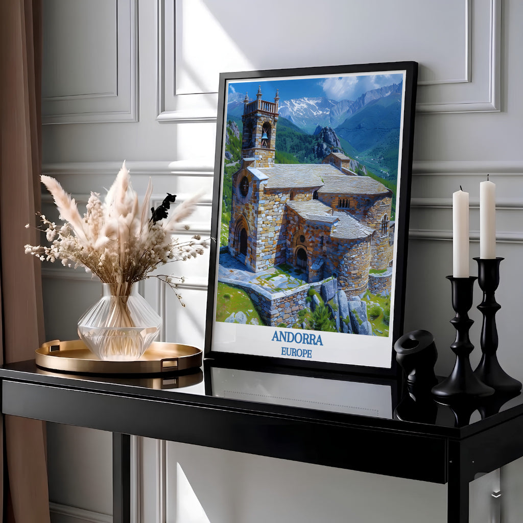 Soaring Pyrenean peaks surround the ancient stone Sant Joan de Caselles Church in Andorra in this wall poster. MapYourDreams provides archival framed, unframed, and canvas print options for living room decor.