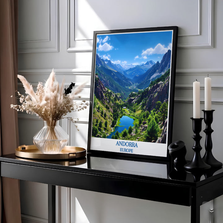 Soaring granite mountain ridges frame the pristine Valley of Madriu-Perafita-Claror in Andorra in this wall poster. MapYourDreams provides custom framed, unframed, and canvas print options for living room decor.