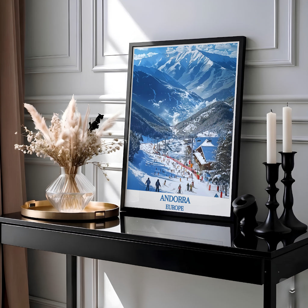 Wooden chalets and active ski slopes at Vallnord Ski Resort in Andorra star in this scenic wall poster. MapYourDreams offers custom framed, unframed, and canvas print options suited for cabin decor.