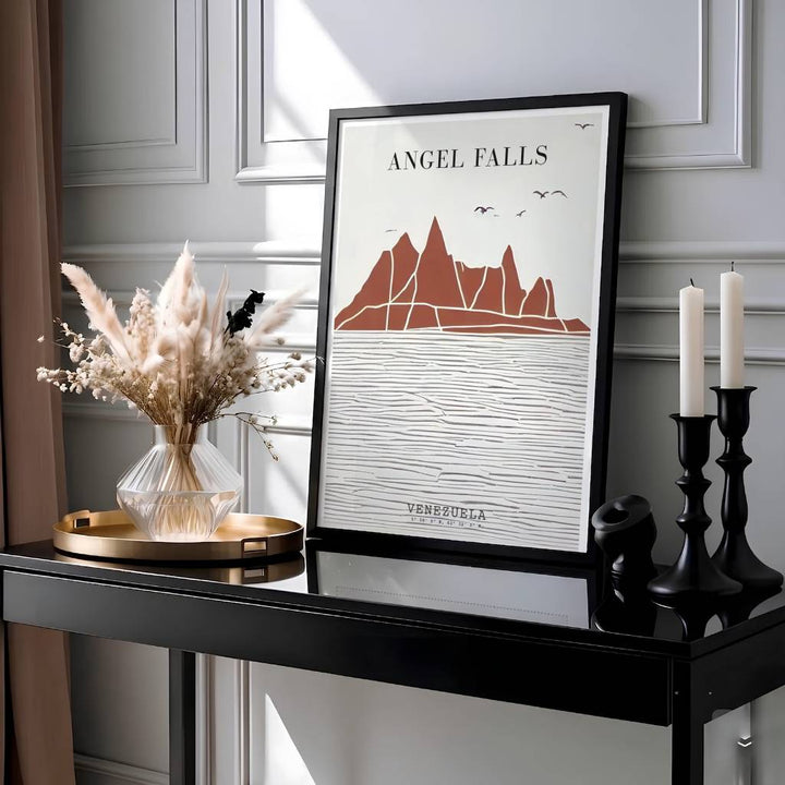 Earthy neutral travel poster of Angel Falls in Canaima National Park showcasing geographic coordinates and clean linocut textures. Presented by MapYourDreams, this piece comes in flexible choices such as unframed paper stock, custom frames, and gallery canvas wraps.