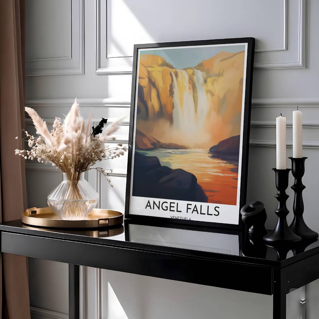 Impressionistic travel poster of Angel Falls showcasing warm orange afterglow, misty spray, and deep violet mountain shadows. Presented by MapYourDreams, this piece comes in flexible choices such as unframed paper stock, custom frames, and gallery canvas wraps.
