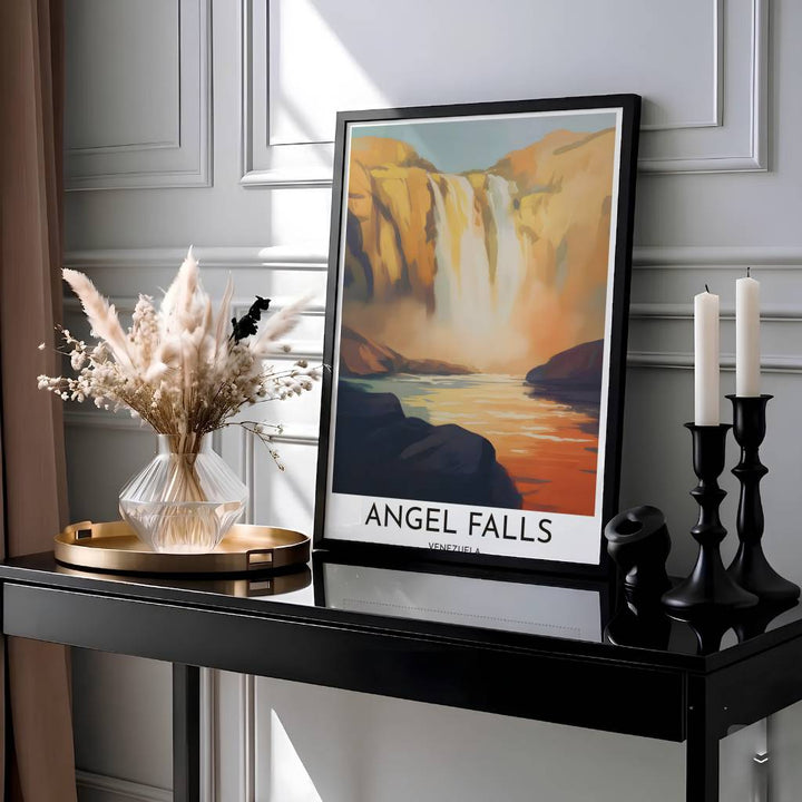 Impressionistic travel poster of Angel Falls showcasing warm orange afterglow, misty spray, and deep violet mountain shadows. Presented by MapYourDreams, this piece comes in flexible choices such as unframed paper stock, custom frames, and gallery canvas wraps.