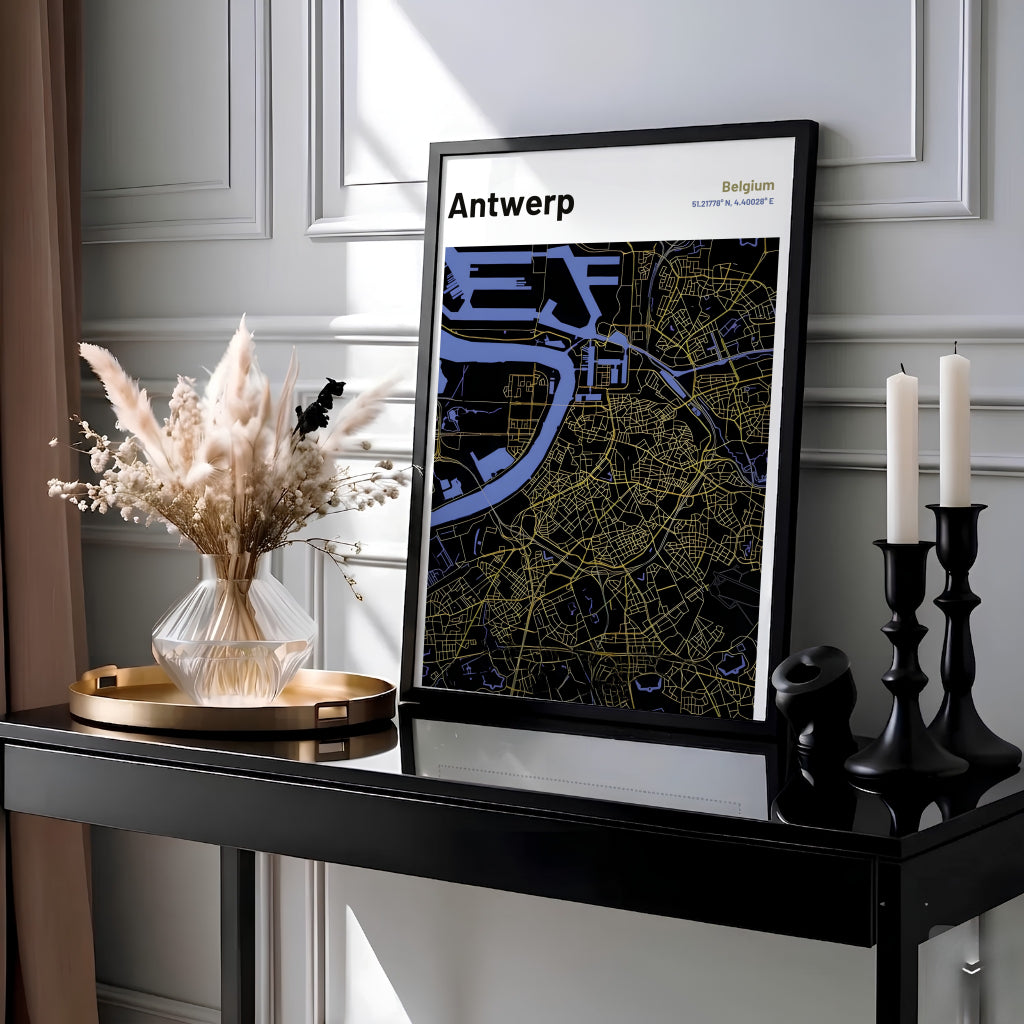 This modern map art print displays the geographical layout, coordinates, and road networks of Antwerp, Belgium, accented with sleek gold tones and modern margins. Customers can select their preferred style from high-grade unframed art paper, custom decorative frames, or stretched gallery canvas.