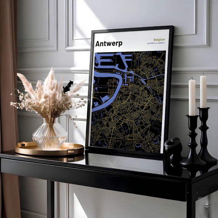 This modern map art print displays the geographical layout, coordinates, and road networks of Antwerp, Belgium, accented with sleek gold tones and modern margins. Customers can select their preferred style from high-grade unframed art paper, custom decorative frames, or stretched gallery canvas.