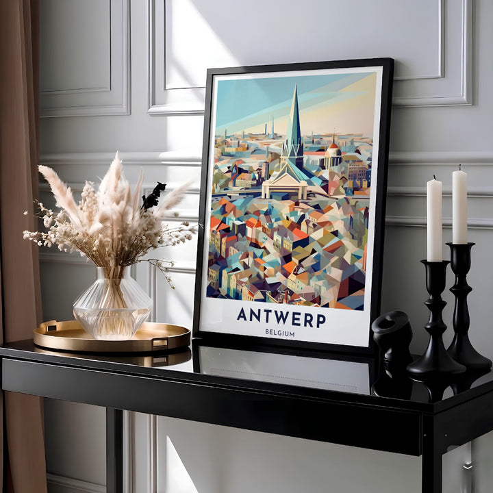 This modern city skyline print highlights the historic Cathedral of Our Lady in Antwerp, Belgium, surrounding gabled roofs with prismatic geometric geometry. Customers can select from premium unframed archival paper, custom-built decorative frames, or ready-to-hang gallery canvas.