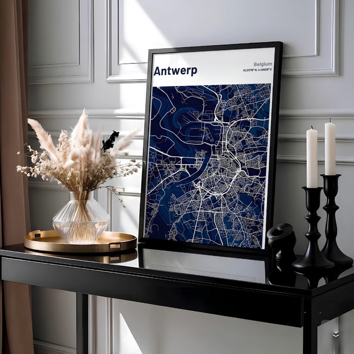 This minimalist city map print depicts the road network and waterways of Antwerp, Belgium, styled in high-contrast midnight blue and white. MapYourDreams provides this piece across multiple versatile formats including archival paper prints, custom framed styles, and stretched gallery canvas.