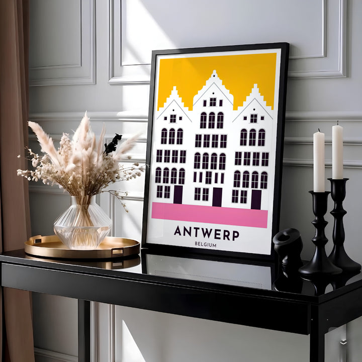 This pop art city print showcases the traditional stepped gables and arched window grids of Antwerp, Belgium, in bold color blocking. MapYourDreams provides this piece across multiple versatile formats including archival paper prints, custom framed styles, and stretched gallery canvas.
