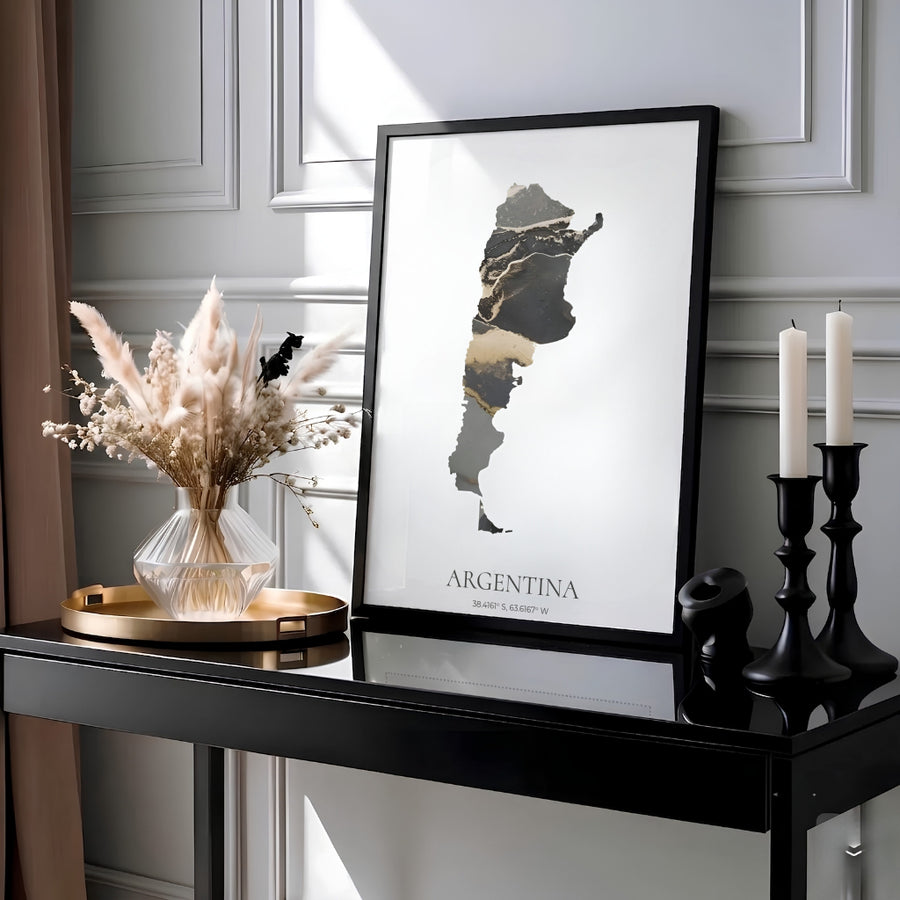 Stylish Argentina wall art print depicting the map silhouette filled with luxurious black and gold liquid marble patterns. Offered by MapYourDreams, this artwork is available in flexible options including unframed paper, custom wooden frames, and gallery canvas wraps for living room spaces.