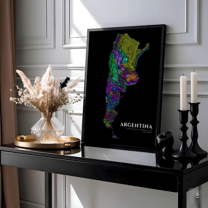 Dark background Argentina hydrologic basin print highlighting the country&