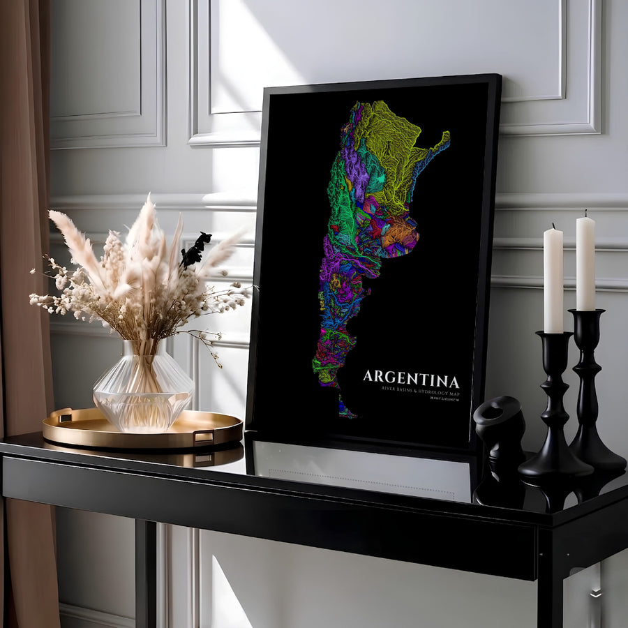 Dark background Argentina hydrologic basin print highlighting the country&