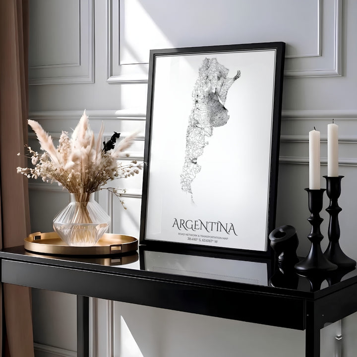 Black and white Argentina road network wall art showcasing major highways and regional routes forming the country silhouette. Designed by MapYourDreams, customers can select from several presentation choices including unframed paper stock, classic wooden frames, and gallery canvas wraps.
