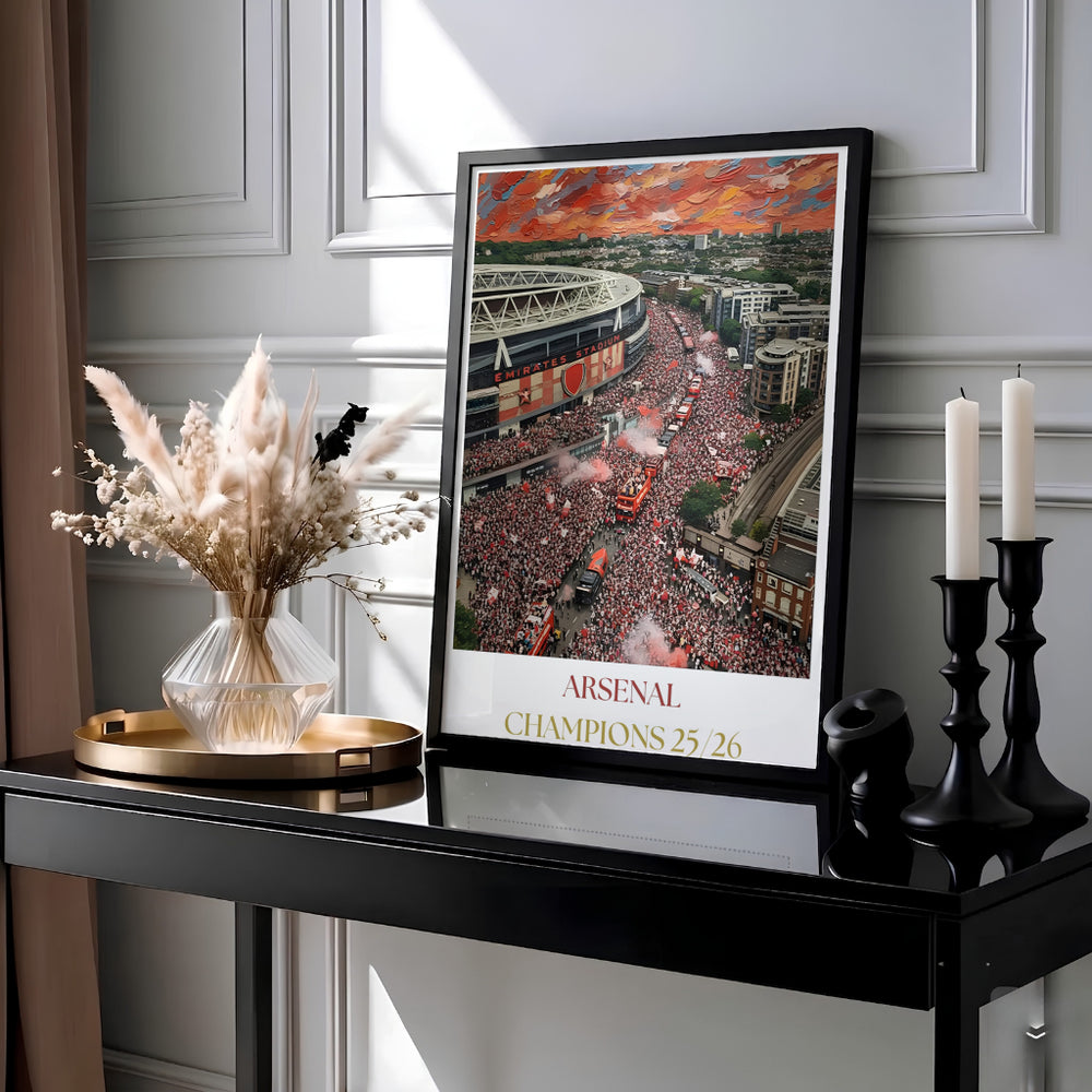 High texture impasto painting poster capturing open top victory buses and red smoke flares near Emirates Stadium, available as unframed prints, framed options, or canvas wall art for living room decoration.