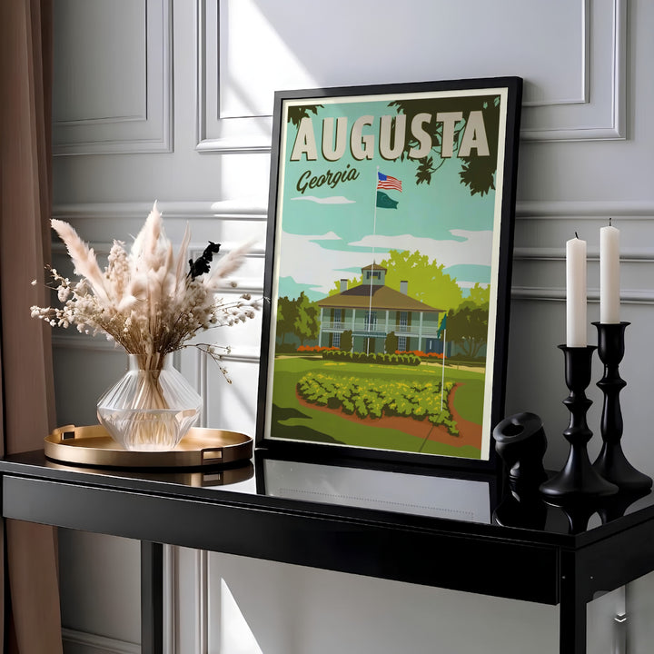 Retro Augusta Georgia golf poster featuring the landmark clubhouse and iconic Founders Circle lawn bed in bold mid-century colors. Offered by MapYourDreams, this artwork is available in flexible options including unframed paper, custom wooden frames, and gallery canvas wraps for tailored home wall decor setups.