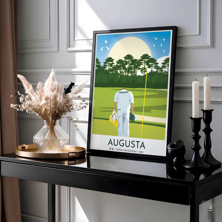 Japanese golf Masters wall art depicting the historic moment of caddie Shota Hayafuji showing respect to Augusta National Golf Course in Augusta Georgia. Offered by MapYourDreams, this artwork is available in flexible options including unframed paper, custom wooden frames, and gallery canvas wraps for tailored home wall decor setups.