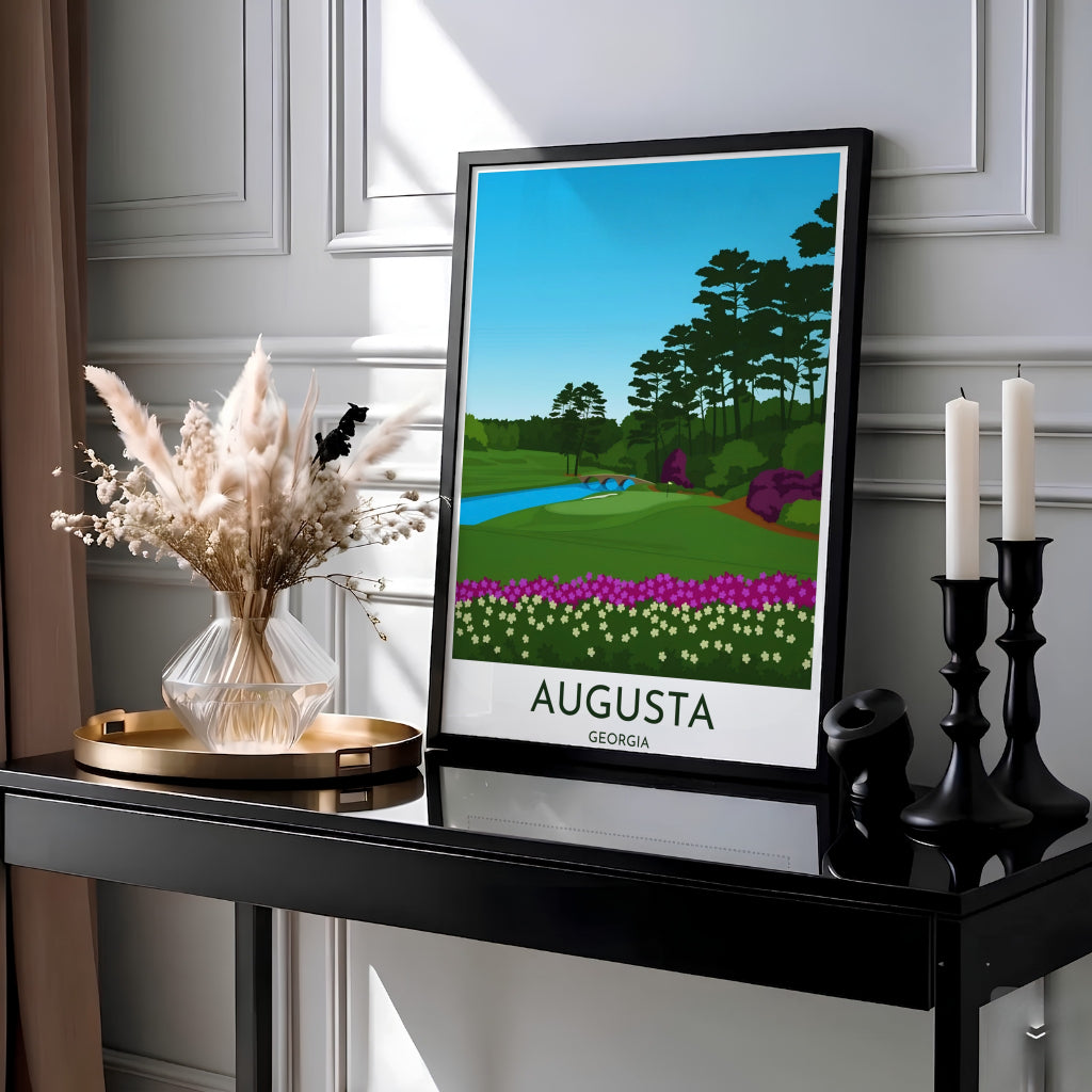 Augusta National Golf Course graphic wall art featuring crisp blue sky gradient, pine tree silhouettes, and the famous Amen Corner 12th hole putting green. Offered by MapYourDreams, this artwork is available in flexible options including unframed paper, custom wooden frames, and gallery canvas wraps for tailored home wall decor setups.