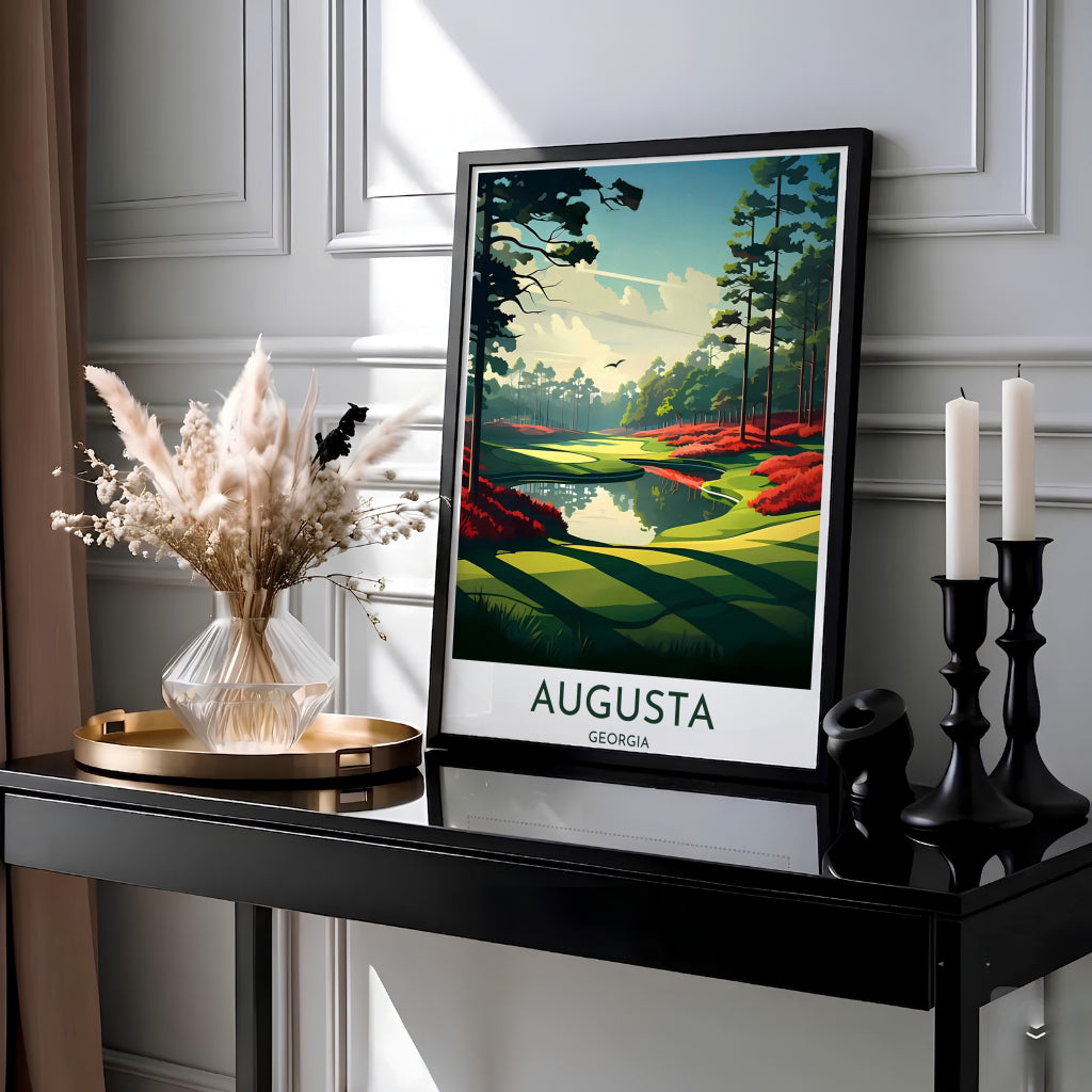 Augusta National Golf Course wall art featuring dramatic long tree shadows stretched across the emerald fairway grass during a quiet morning. Offered by MapYourDreams, this artwork is available in flexible options including unframed paper, custom wooden frames, and gallery canvas wraps for tailored home wall decor setups.