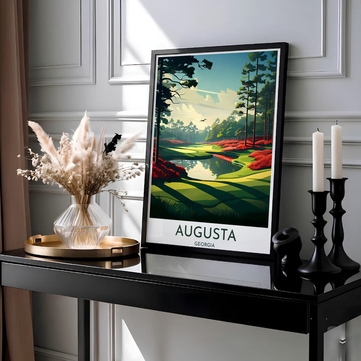 Augusta National Golf Course wall art featuring dramatic long tree shadows stretched across the emerald fairway grass during a quiet morning. Offered by MapYourDreams, this artwork is available in flexible options including unframed paper, custom wooden frames, and gallery canvas wraps for tailored home wall decor setups.