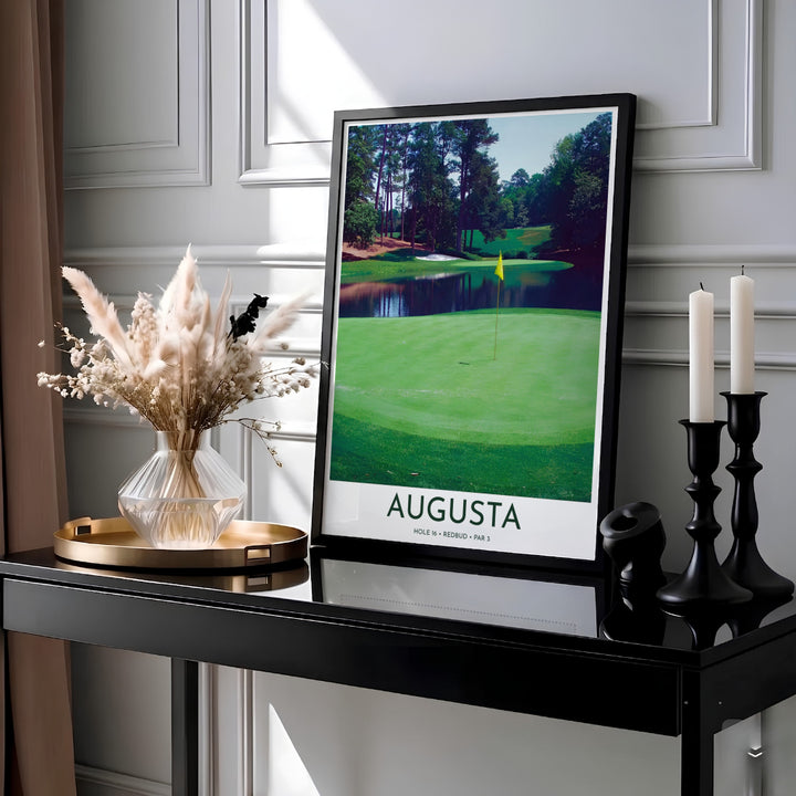 Augusta National Golf Course wall art featuring a close-up photographic perspective of the undulating 16th green with tree-lined water hazards in the background. Offered by MapYourDreams, this artwork is available in flexible options including unframed paper, custom wooden frames, and gallery canvas wraps for tailored home wall decor setups.