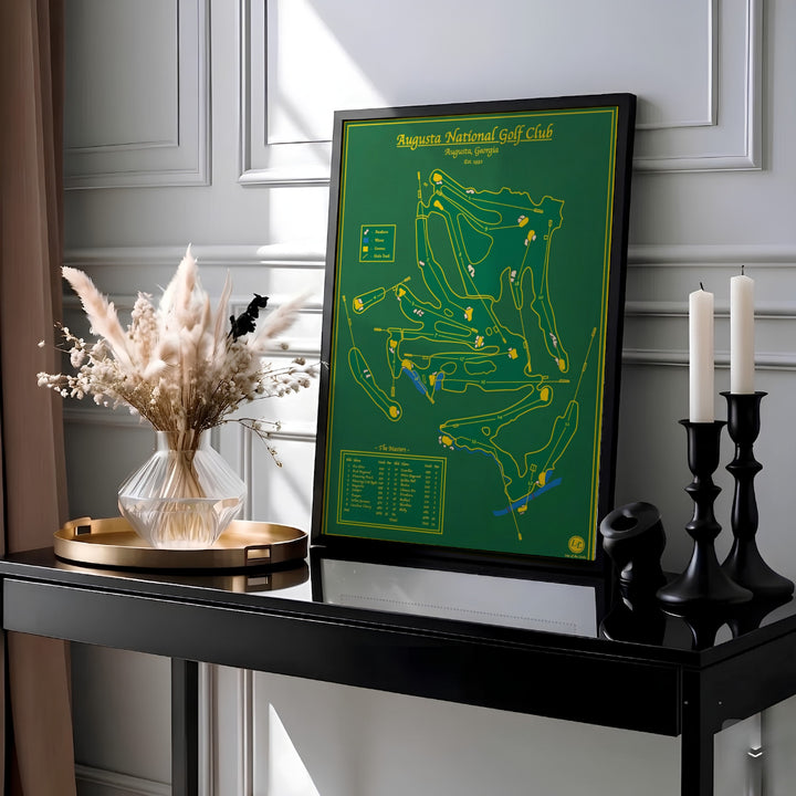 Detailed golf course architectural map art featuring all 18 holes of Augusta Georgia with a traditional scorecard legend and yellow bunker highlights. Offered by MapYourDreams, this artwork is available in flexible options including unframed paper, custom wooden frames, and gallery canvas wraps for tailored home wall decor setups.