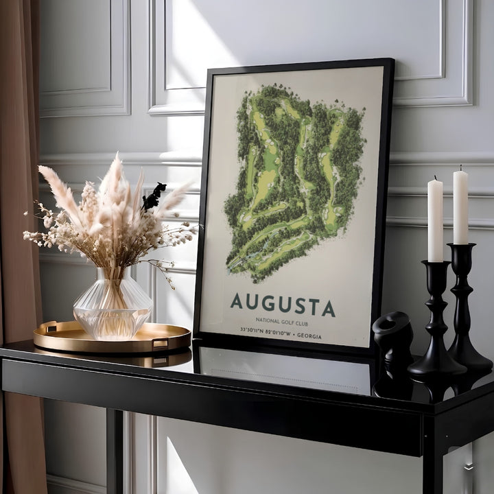 High-detail overhead golf course map art featuring the complete property layout of Augusta Georgia isolated cleanly against an off-white archival backdrop. Offered by MapYourDreams, this artwork is available in flexible options including unframed paper, custom wooden frames, and gallery canvas wraps for tailored home wall decor setups.
