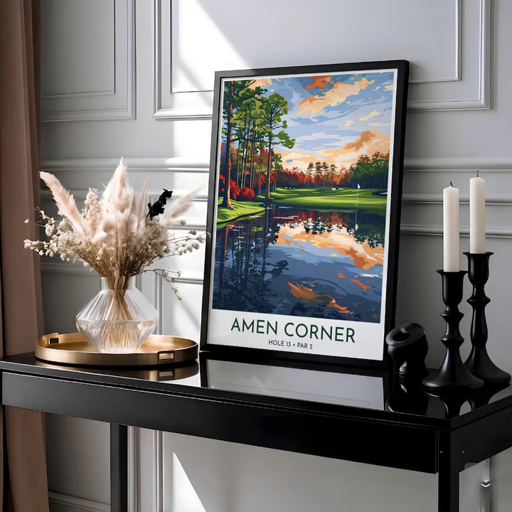 Augusta National Golf Course wall art showing tall pine trees casting deep reflections across Rae&