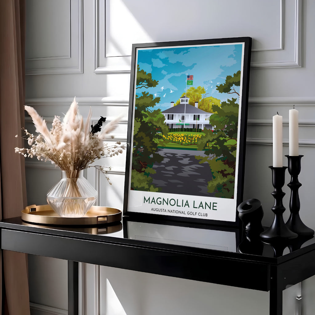 Vector style landscape golf print capturing bright blue sky, soft white clouds, and soaring birds above the historic Magnolia Lane tree canopy in Augusta Georgia. Offered by MapYourDreams, this artwork is available in flexible options including unframed paper, custom wooden frames, and gallery canvas wraps for tailored home wall decor setups.