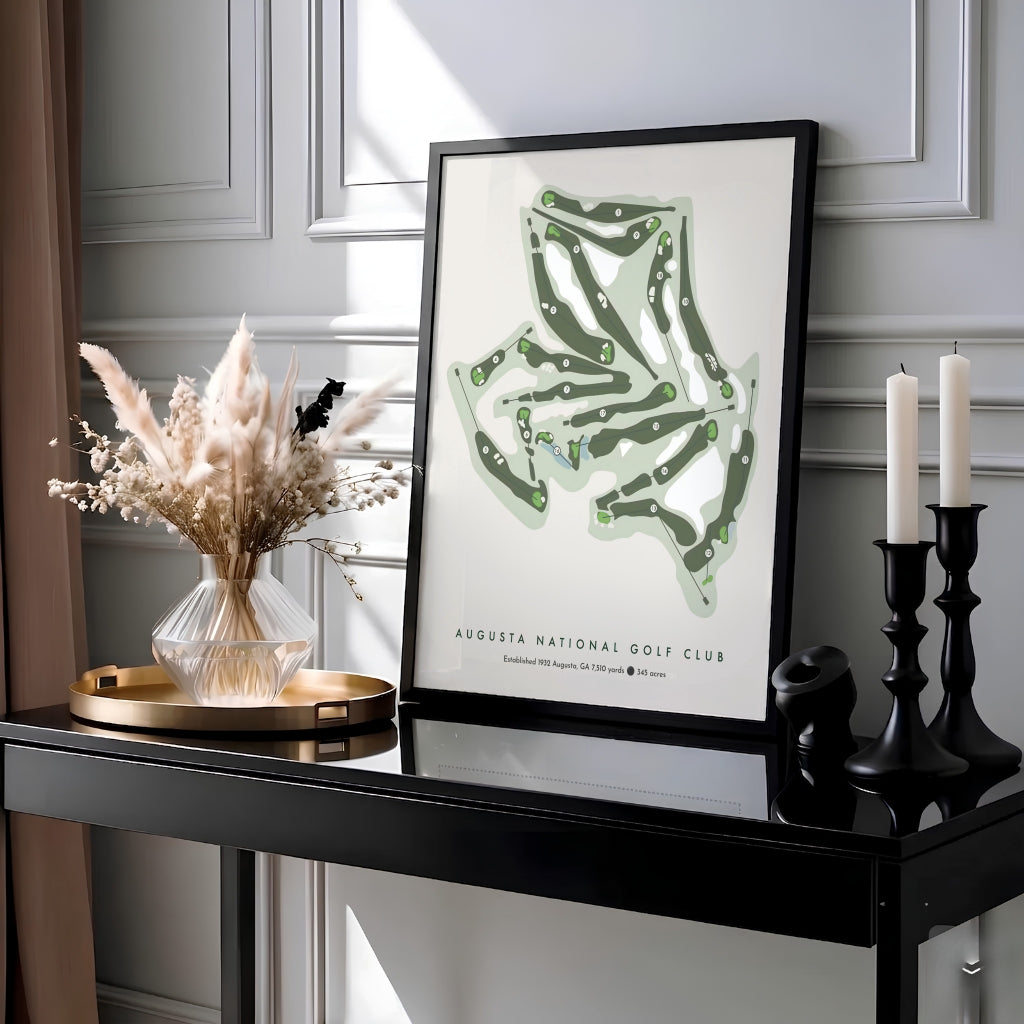 Modern minimalist golf wall print depicting the Augusta National course layout in Georgia with clean typography stating AUGUSTA NATIONAL GOLF CLUB Established 1932. Offered by MapYourDreams, this artwork is available in flexible options including unframed paper, custom wooden frames, and gallery canvas wraps.
