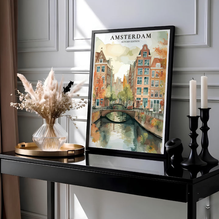 European travel illustration poster capturing fall foliage reflections on an Amsterdam canal bridge, crafted by MapYourDreams with available choices for an unframed paper print, a ready-to-hang gallery canvas, or custom framed wall art designed for modern minimalist spaces.