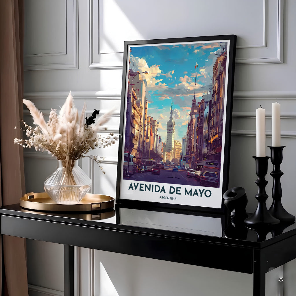Palacio Barolo travel poster illustrating the famous tower view along the grand avenue in central Buenos Aires with warm terracotta and sky blue tones. Designed by MapYourDreams, options range from roll-packed fine art paper to custom wooden frames and gallery canvas wraps.