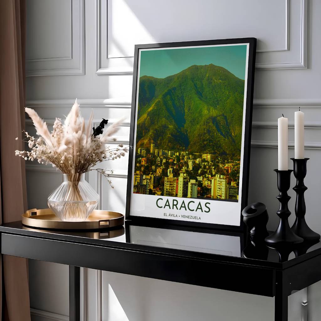 Travel poster of El Ávila National Park in Caracas showcasing golden afternoon light, vibrant olive green forests, and turquoise skies. Presented by MapYourDreams, this piece comes in flexible choices such as unframed paper stock, custom frames, and gallery canvas wraps.