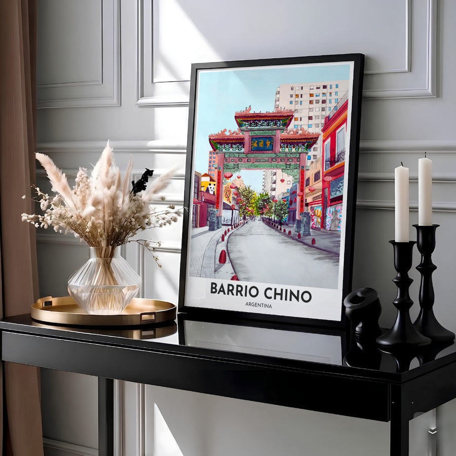 Colorful Barrio Chino watercolor travel poster showcasing traditional Chinese arch architecture set against the vibrant urban streets of Buenos Aires. Presented by MapYourDreams, this piece comes in flexible choices such as unframed paper stock, handcrafted frames, and gallery wrapped canvas.