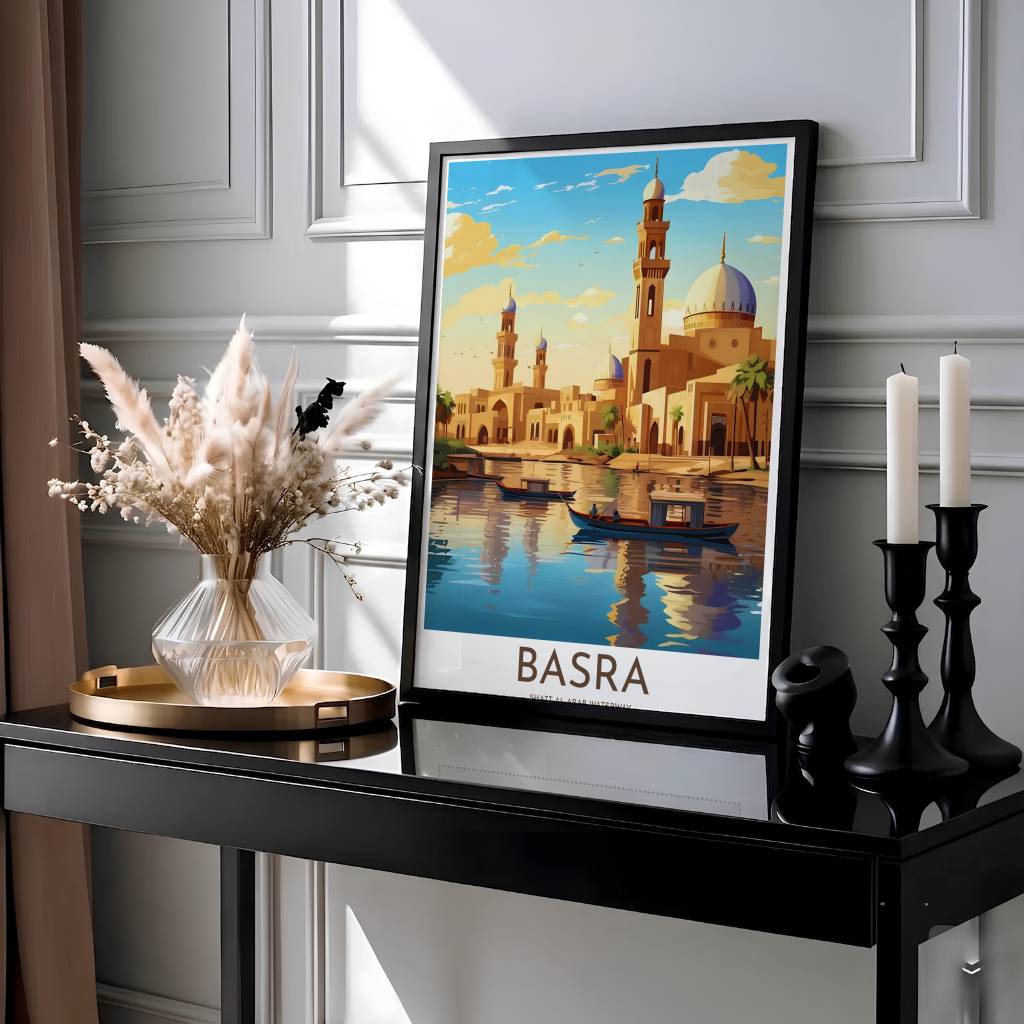 Retro travel illustration of Shatt al-Arab waterway in Basra Iraq featuring warm evening sunlight and sandstone architecture. Presented by MapYourDreams, this artwork is available in flexible options including unframed paper, custom wooden frames, and gallery canvas wraps for living room art.
