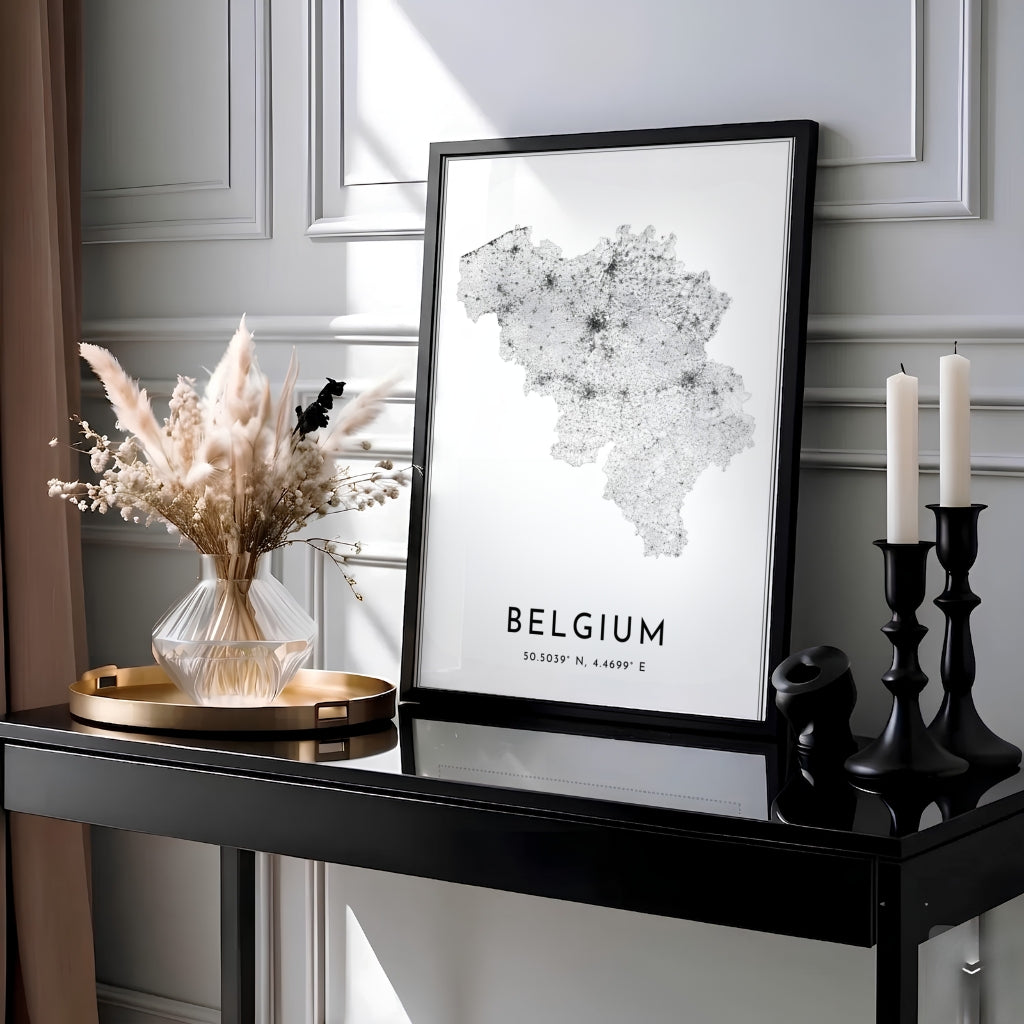 This monochrome geography wall art outlines Belgium solely through its highways and urban street clusters, creating an organic black and white silhouette. MapYourDreams provides this piece across multiple versatile formats including archival paper prints, custom framed styles, and stretched gallery canvas.