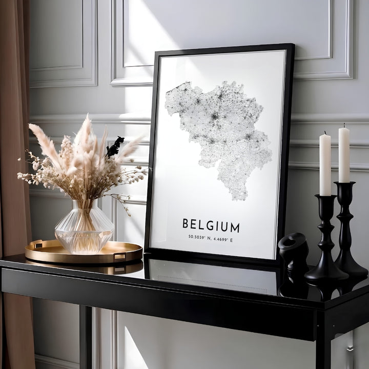 This monochrome geography wall art outlines Belgium solely through its highways and urban street clusters, creating an organic black and white silhouette. MapYourDreams provides this piece across multiple versatile formats including archival paper prints, custom framed styles, and stretched gallery canvas.