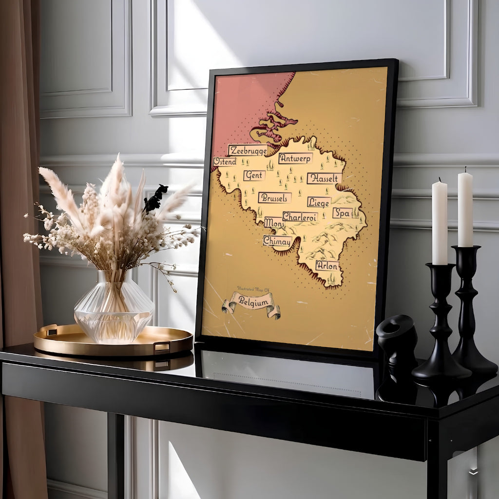 This sepia country map art showcases Belgium with charming hand-drawn tree icons, rolling hill motifs, and scrollwork banner titles in classic storybook aesthetic. MapYourDreams provides this piece across multiple versatile formats including archival paper prints, custom framed styles, and stretched gallery canvas.