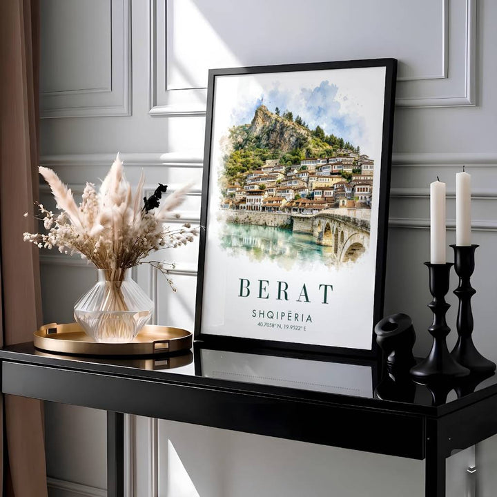 Stylish Albania travel wall art capturing Gorica Bridge and Berat Castle in delicate watercolor washes, suitable for gallery wall arrangements. Offered by MapYourDreams, this artwork is available in flexible options including unframed paper, custom wooden frames, and gallery canvas wraps.