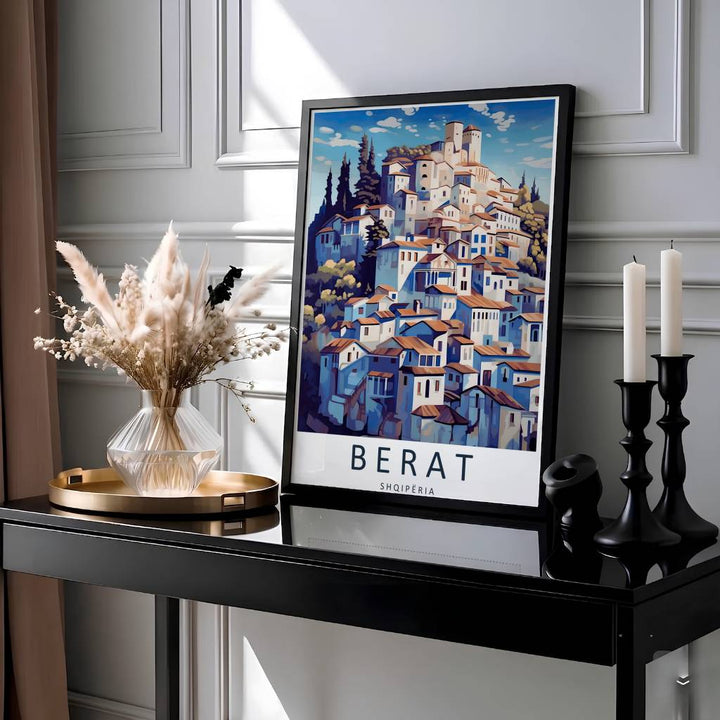 This vibrant blue and terracotta travel print showcases the UNESCO site of Berat Albania with multi-windowed stone houses for an inviting home focal point. Offered by MapYourDreams, this artwork is available in flexible options including unframed paper, custom wooden frames, and gallery canvas wraps.