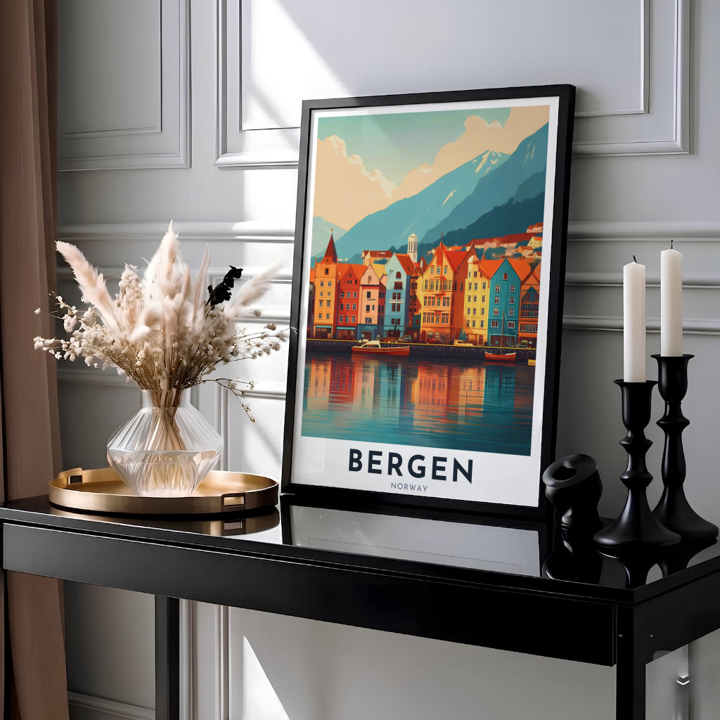 Historic wooden storefronts of Bryggen in Bergen Norway capture Nordic coastal charm with serene mountain reflections in the harbor basin. This destination wall art print is available across multiple presentation styles, including custom framed options, stretched canvas wraps, and fine paper unframed prints crafted for modern interior decor.
