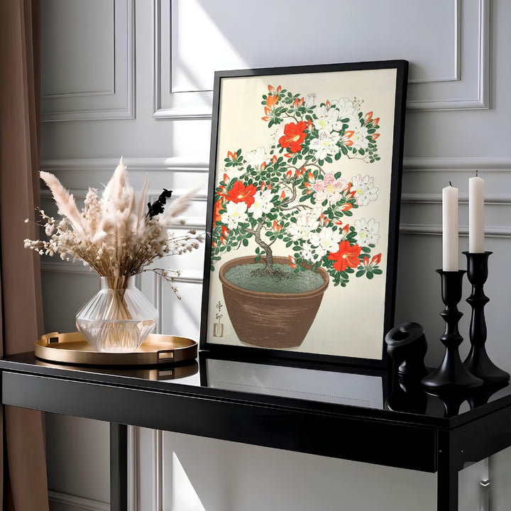 Vintage Shin-hanga Japanese floral poster showing red and white azaleas in a brown pot from Kyoto art archives. Available as unframed prints, gallery canvas, or framed wall art at MapYourDreams.