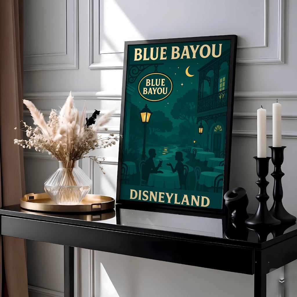 Retro travel poster depicting silhouetted diners, glowing gas lamps, and French Quarter balcony details at the Blue Bayou in Disneyland, created by MapYourDreams with choices available for an unframed paper print, a ready-to-hang gallery canvas, or custom framed wall art designed for media rooms.