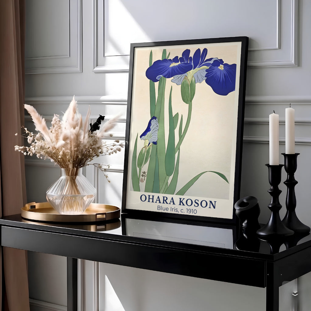 Detailed 1910 Japanese woodblock print of a blue iris flower reflecting museum heritage from The Rijksmuseum, Amsterdam. MapYourDreams offers fine art framed, unframed, and canvas print options.