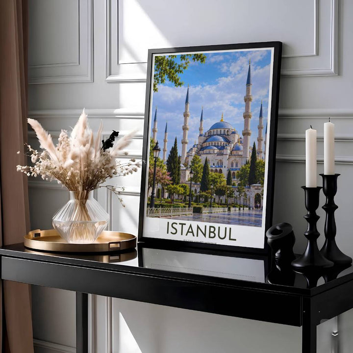 Scenic travel photography poster of Istanbul Turkey Blue Mosque with ornamental park street lamps and green lawns. Presented by MapYourDreams, this artwork is available in flexible options including unframed paper, custom wooden frames, and gallery canvas wraps for living room art.