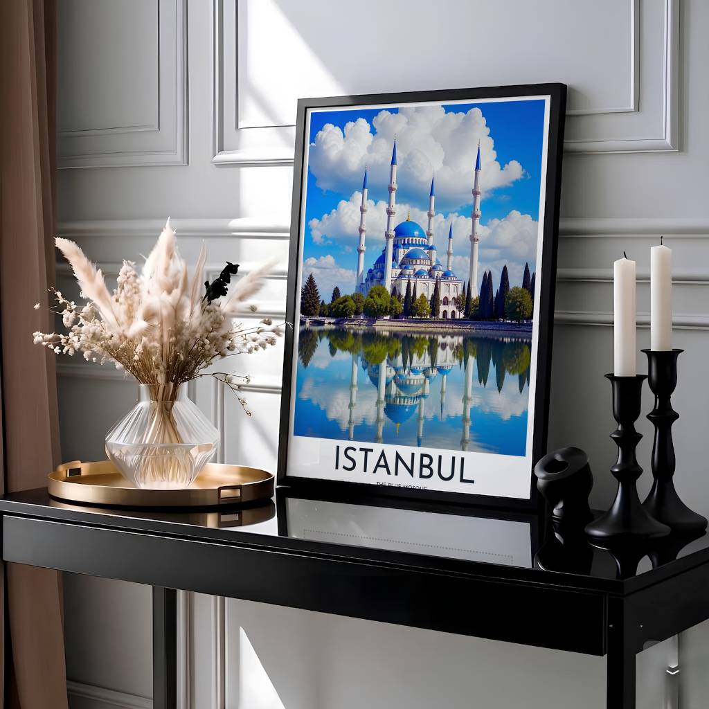 Scenic reflection print of Istanbul Turkey Blue Mosque with six soaring minarets and green cypress trees along the water. Presented by MapYourDreams, this artwork is available in flexible options including unframed paper, custom wooden frames, and gallery canvas wraps for living room art.