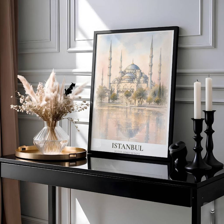Scenic watercolor reflection print of Istanbul Turkey Blue Mosque with six soaring minarets and soft olive trees. Presented by MapYourDreams, this artwork is available in flexible options including unframed paper, custom wooden frames, and gallery canvas wraps for living room art.