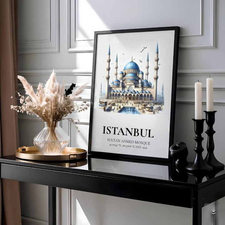 Cerulean blue travel art print of the iconic Blue Mosque in Istanbul Turkey with EST 1616 coordinate text at base. Designed by MapYourDreams, this artwork is available in flexible options including unframed paper, custom wooden frames, and gallery canvas wraps for home wall art.