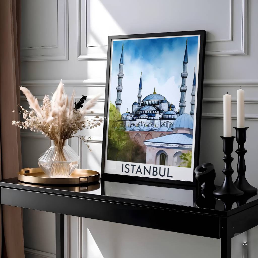 Azure blue sky travel art print of the iconic Blue Mosque in Istanbul Turkey with fine architectural ink lines. Designed by MapYourDreams, this artwork is available in flexible options including unframed paper, custom wooden frames, and gallery canvas wraps for home wall art.