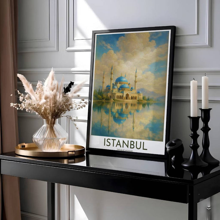 Romantic oil painting print of Istanbul Turkey Blue Mosque with soaring minarets and distant mountain peaks mirrored in water. Presented by MapYourDreams, this artwork is available in flexible options including unframed paper, custom wooden frames, and gallery canvas wraps for living room art.