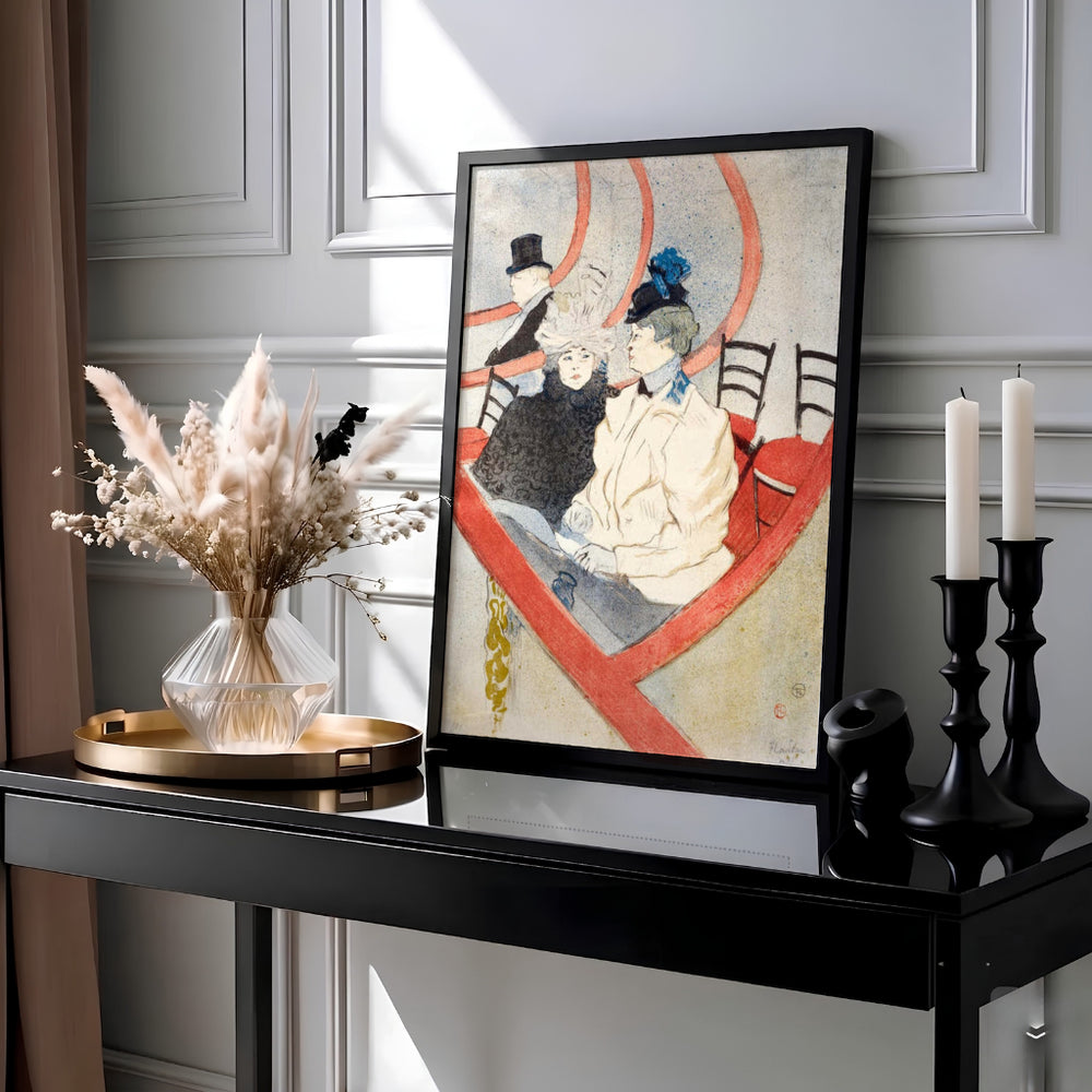 Fine art print of Box In The Grand Tier (1897), Henri de Toulouse-Lautrec depicting spectators in a red balcony box in Paris, France. Available as an unframed paper print, textured gallery stretched canvas wall decor, or custom framed print directly from MapYourDreams for your space.