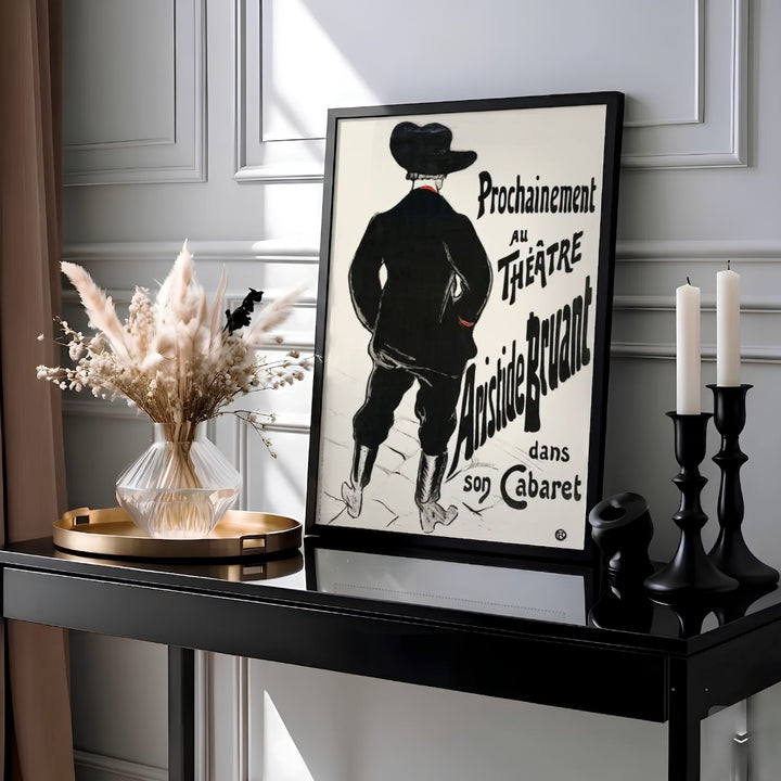 Fine art print of Bruant Au Mirliton (1894), Henri de Toulouse-Lautrec featuring a bold black silhouette in Montmartre, Paris, France. Available as an unframed paper print, textured gallery stretched canvas wall decor, or custom framed print directly from MapYourDreams for home styling.